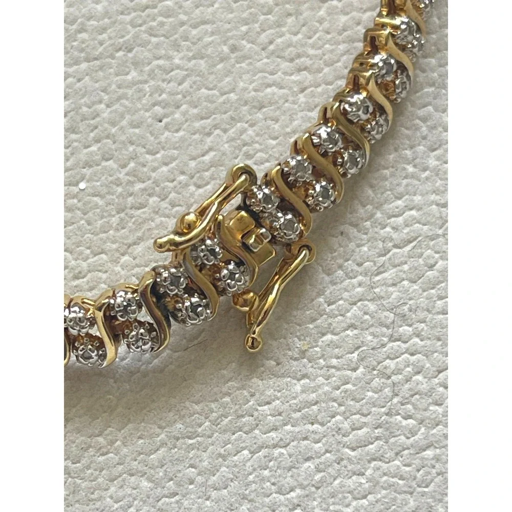 Vtg 925 Sterling Silver Gold Vermeil CZ Tennis Bracelet 7.25" Wave Link Design - Picture 8 of 10
